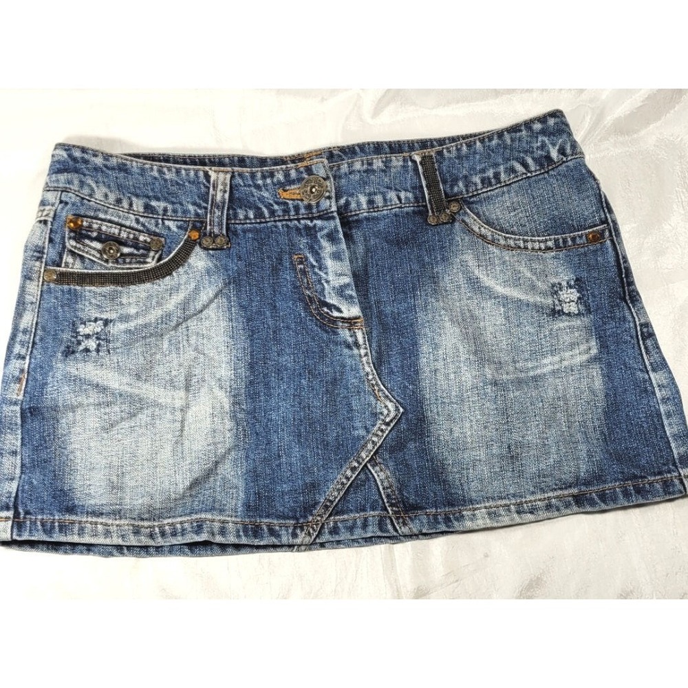 Amisu Distressed Denim Jean Mini Skirt w/ Rhinestones - Blue - Sizeโ 38